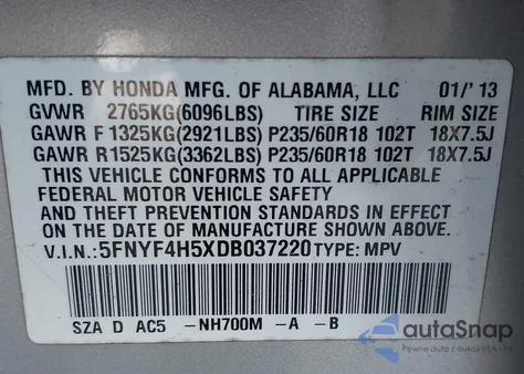 2013 Honda Pilot Ex-L from USA, damaged, VIN 5FNYF4H5XDB037220